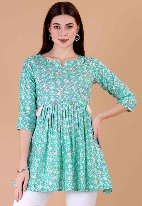 Digital Printed Cotton A Line Kurti in Sky Blue