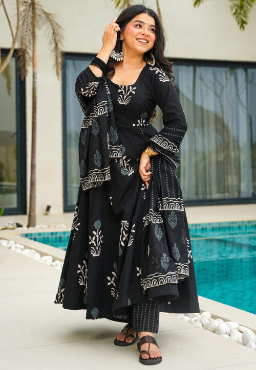 Digital Printed Cotton A Line Suit in Black