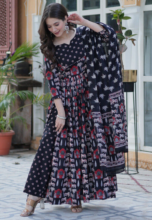Digital Printed Cotton Pakistani Suit in Black