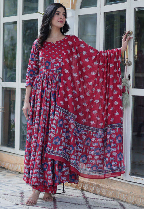 Digital Printed Cotton A Line Suit in Maroon