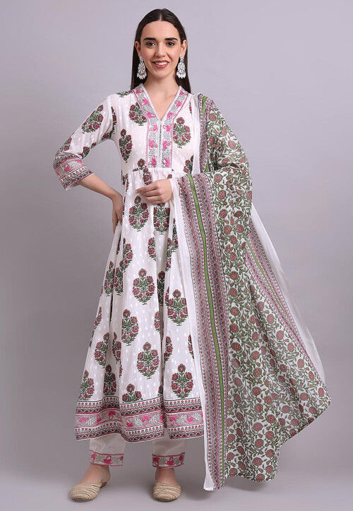 Digital Printed Cotton A Line Suit in Off White