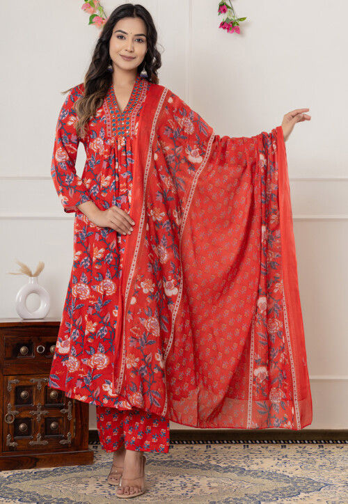 Digital Printed Cotton A Line Suit in Red