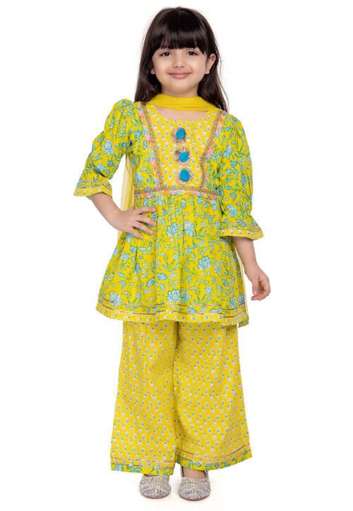 Digital Printed Cotton A Line Suit in Yellow
