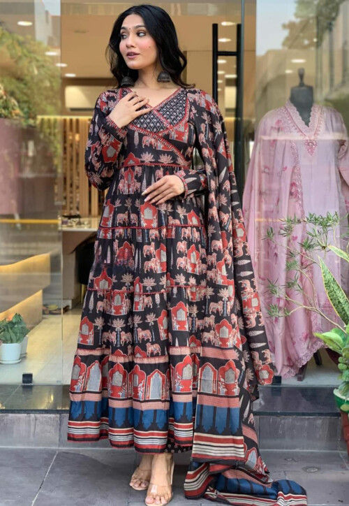 UtsavFashion Digital Printed Cotton Abaya Style Suit in Black