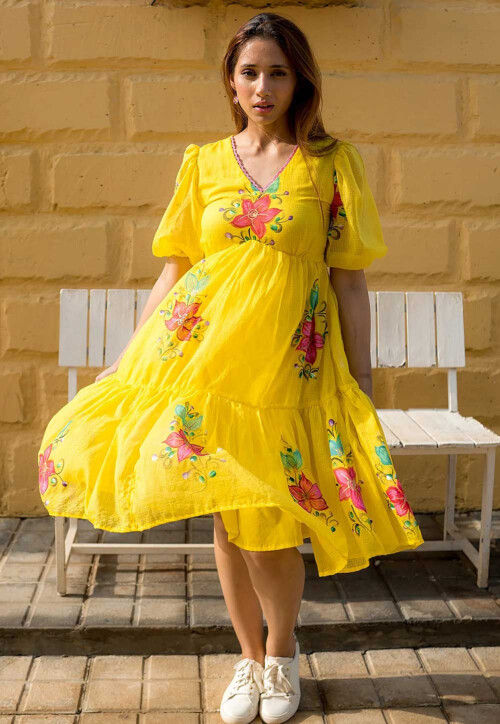 Buy Digital Printed Cotton Aline Dress in Yellow Online TQH20