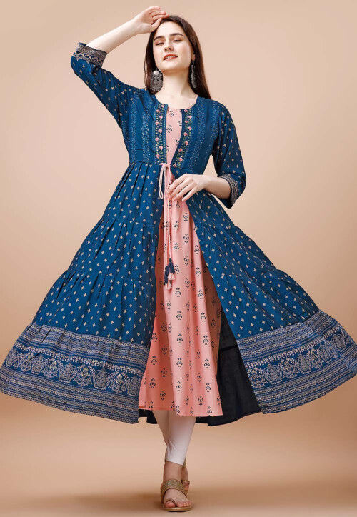 Digital Printed Cotton Aline Kurta with Jacket in Beige