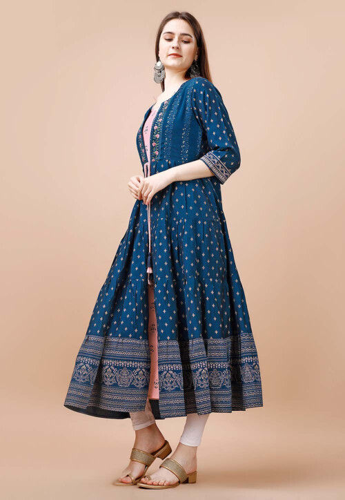 Digital Printed Cotton Aline Kurta with Jacket in Beige