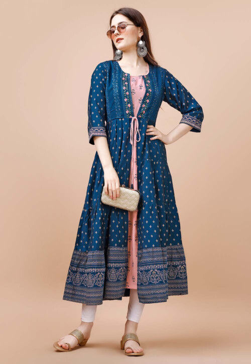 Digital Printed Cotton Aline Kurta with Jacket in Beige