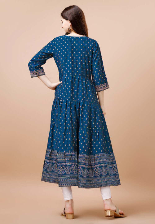 Digital Printed Cotton Aline Kurta with Jacket in Beige