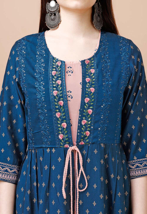 Digital Printed Cotton Aline Kurta with Jacket in Beige