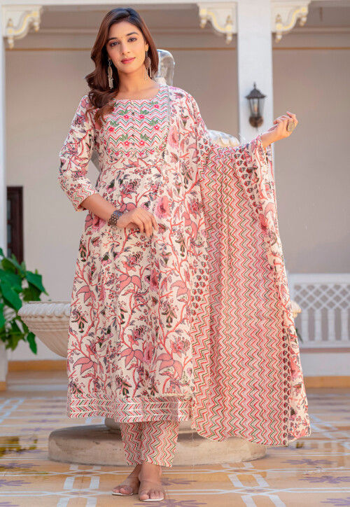 Digital Printed Cotton Aline Suit in Cream and Multi