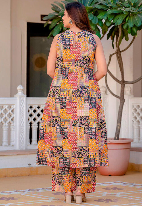 Digital Printed Cotton Aline Suit in Yellow