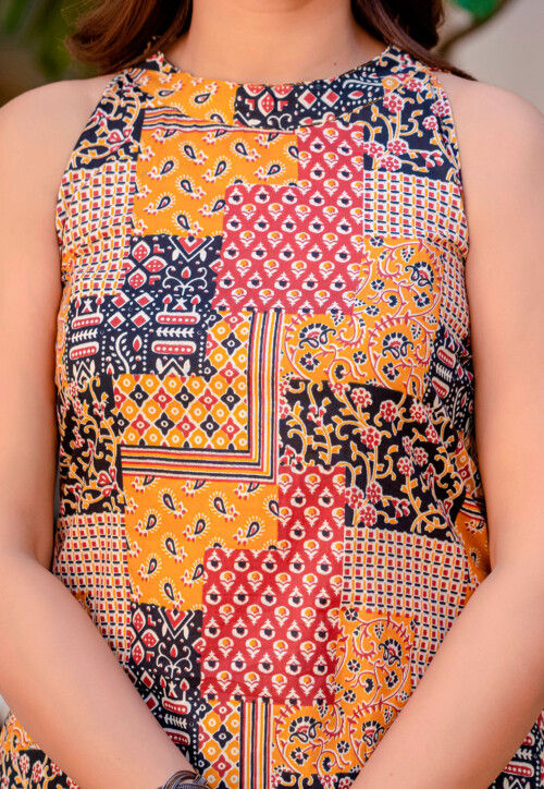 Digital Printed Cotton Aline Suit in Yellow