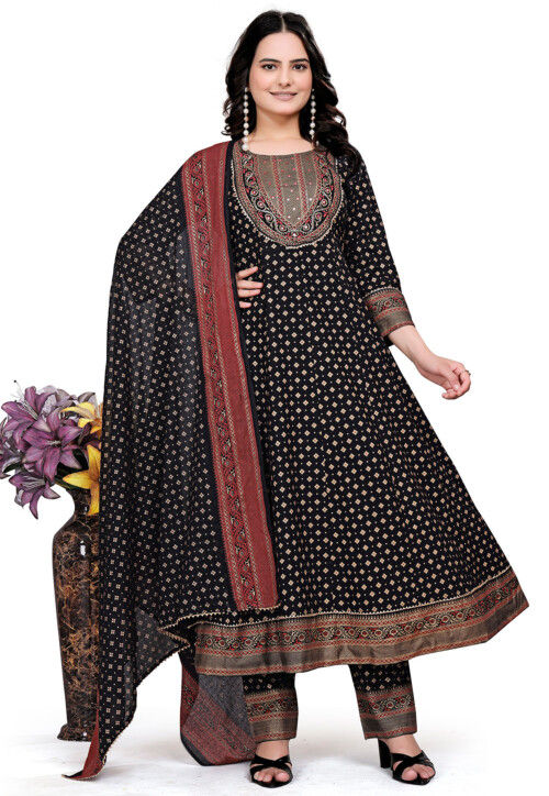 Digital Printed Cotton Anarkali Suit in Black