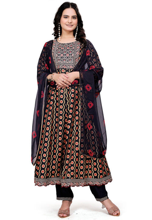 Digital Printed Cotton Anarkali Suit in Black