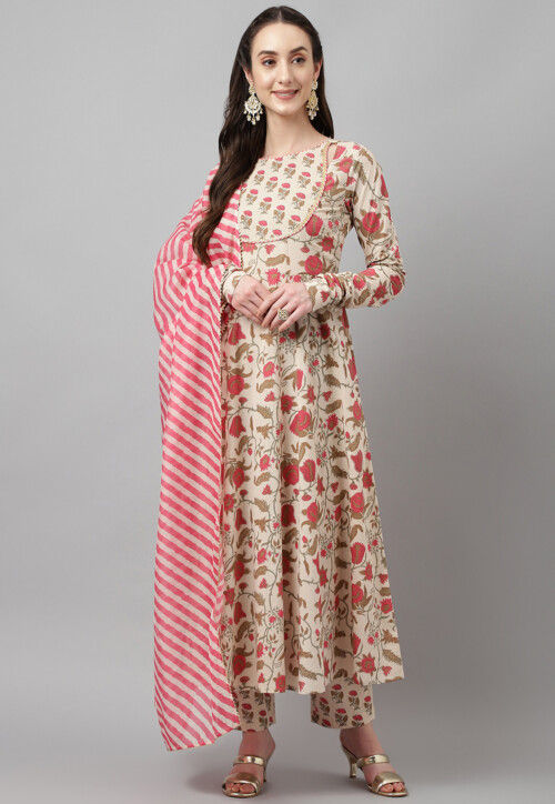 Digital Printed Cotton Anarkali Suit in Light Beige