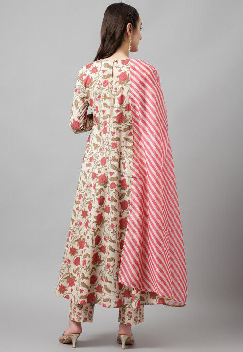 Digital Printed Cotton Anarkali Suit in Light Beige