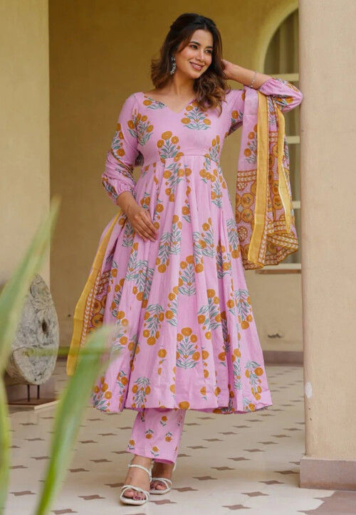 Digital Printed Cotton Anarkali Suit in Light Purple