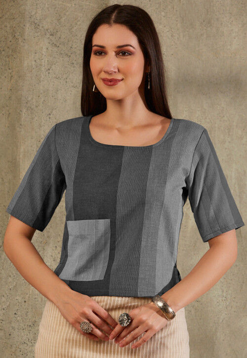 Digital Printed Cotton Blouse in Grey