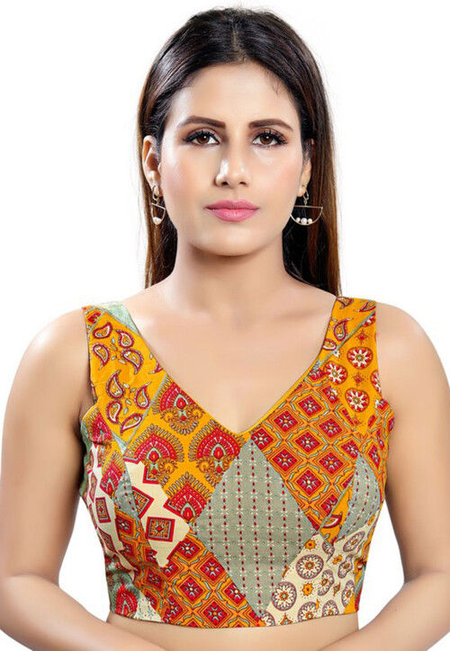 Digital Printed Cotton Blouse in Mustard
