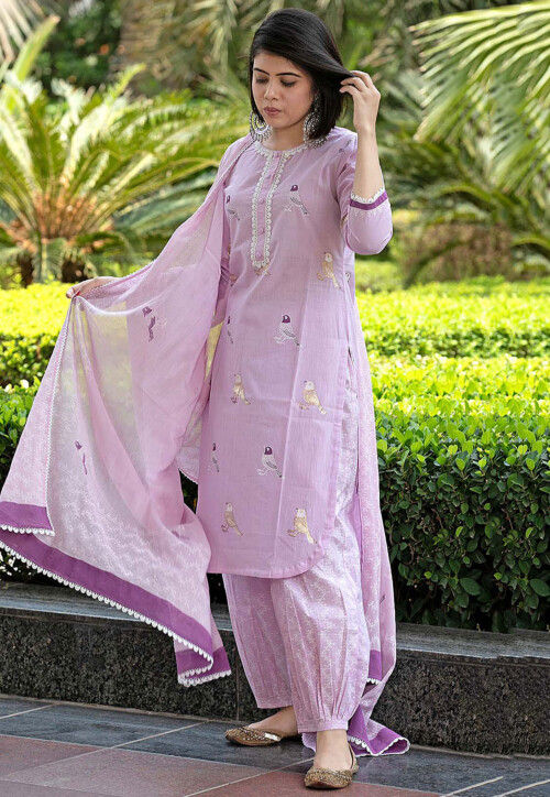 Buy Digital Printed Cotton Cambric Punjabi Suit in Purple Online