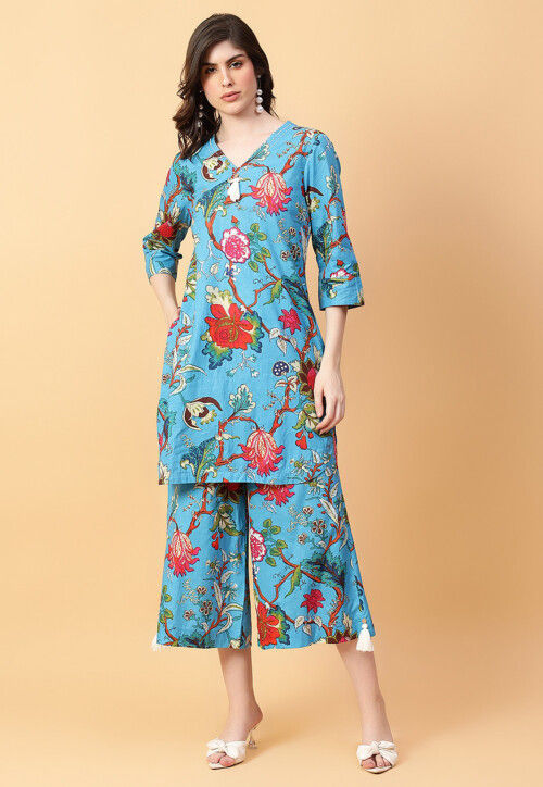Digital Printed Cotton Co Ord Set in Blue