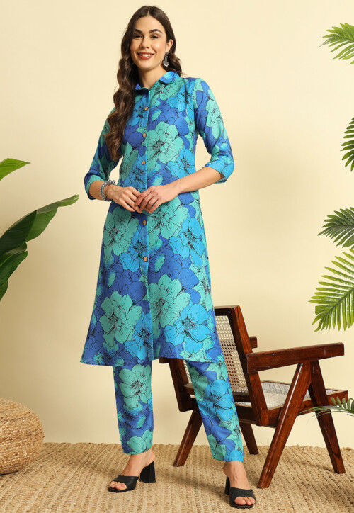 Digital Printed Cotton Co Ord Set in Blue