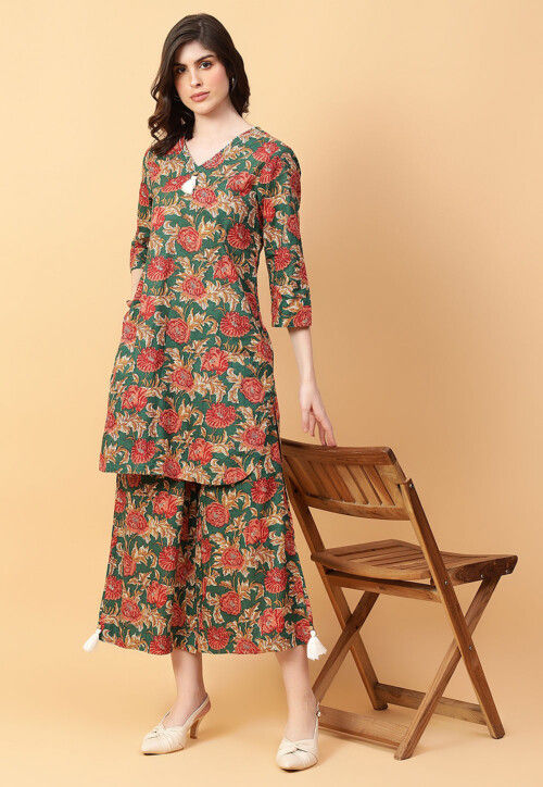 Digital Printed Cotton Co Ord Set in Dark Green