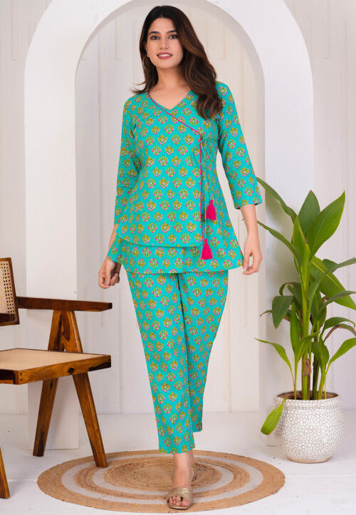 Digital Printed Cotton Co Ord Set in Teal Green