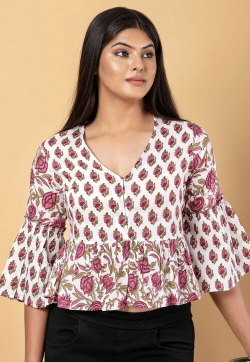 Digital Printed Cotton Crop Top in White