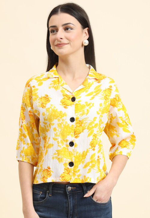 Digital Printed Cotton Crushed Top in Off White