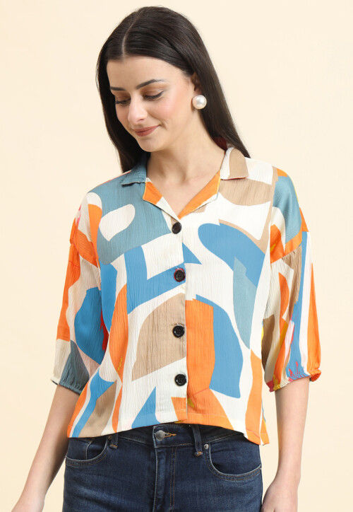 Digital Printed Cotton Crushed Top in Off White
