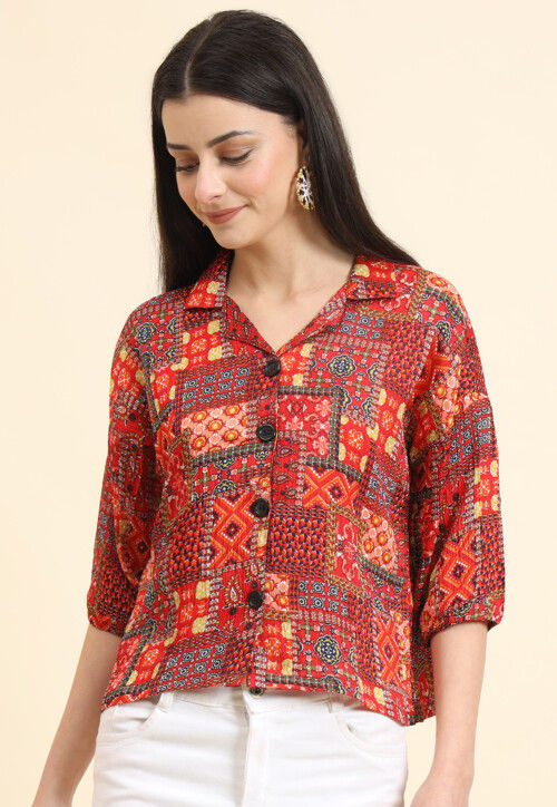 Digital Printed Cotton Crushed Top in Red