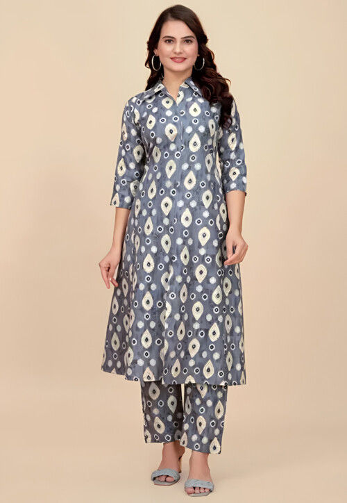 Digital Printed Cotton Front Slit Kurta Set in Grey