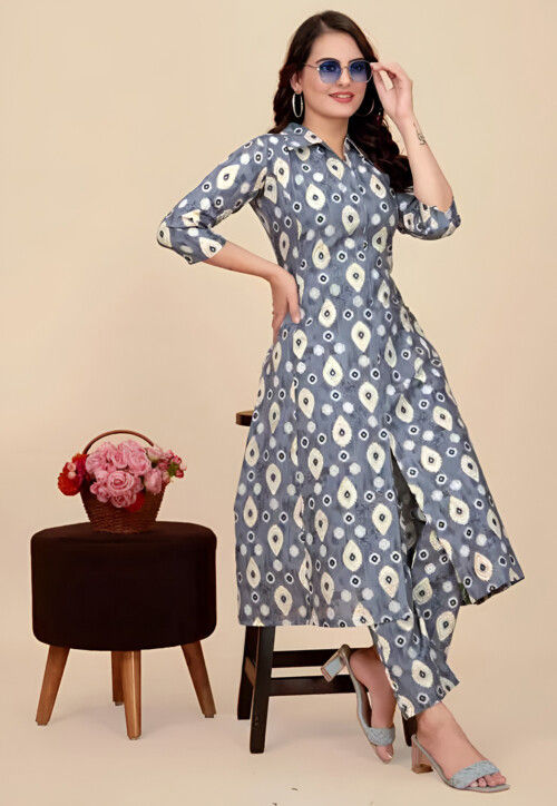 Digital Printed Cotton Front Slit Kurta Set in Grey