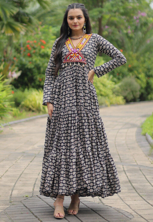 Buy Digital Printed Cotton Gown in Black Online TGW4328 Utsav Fashion