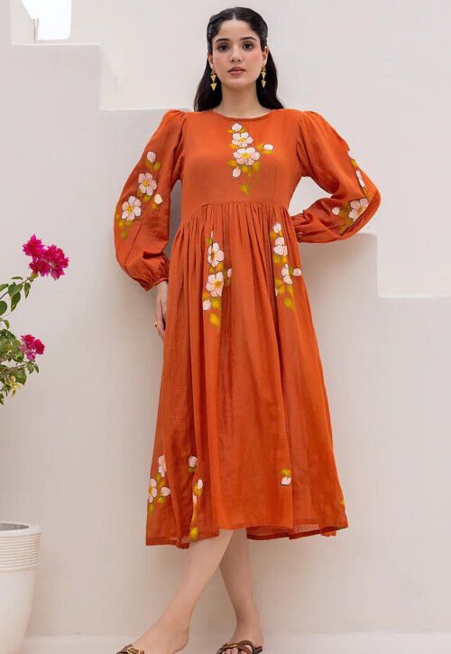Digital Printed Cotton Jacquard A Line Dress in Rust