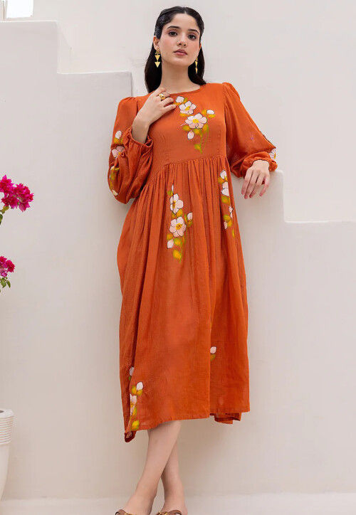 Digital Printed Cotton Jacquard A Line Dress in Rust
