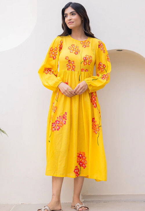 Digital Printed Cotton Jacquard A Line Dress in Yellow