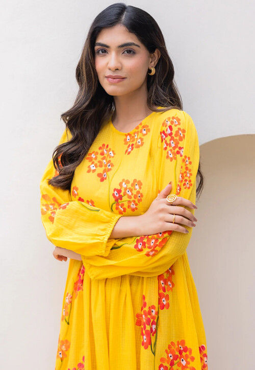 Digital Printed Cotton Jacquard A Line Dress in Yellow