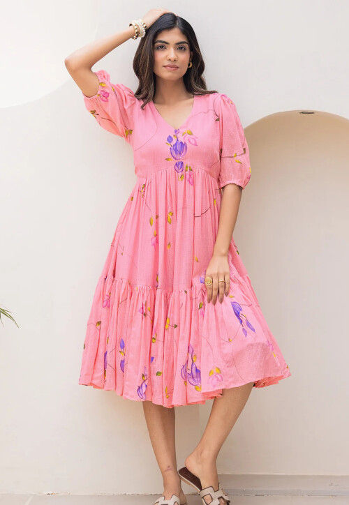 Digital Printed Cotton Jacquard Tiered A Line Dress in Pink