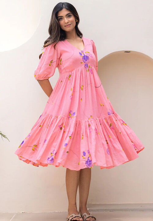 Digital Printed Cotton Jacquard Tiered A Line Dress in Pink