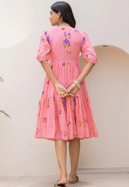 Digital Printed Cotton Jacquard Tiered A Line Dress in Pink
