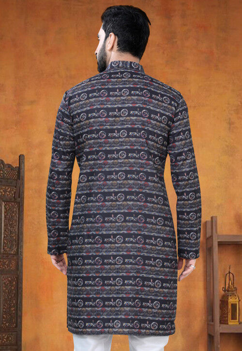 Digital Printed Cotton Kurta in Black