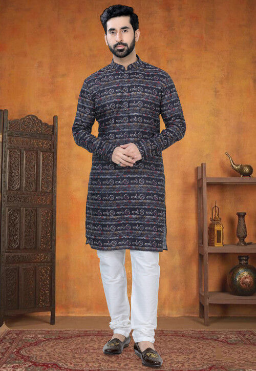 Digital Printed Cotton Kurta in Black