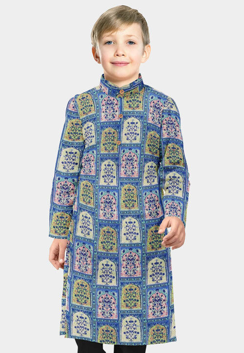 Digital Printed Cotton Kurta in Blue