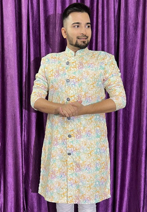 Digital Printed Cotton Kurta in Cream and Multicolor