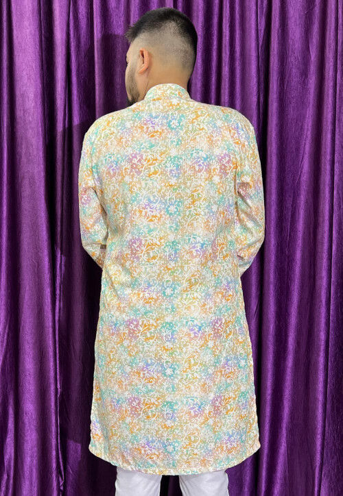 Digital Printed Cotton Kurta in Cream and Multicolor
