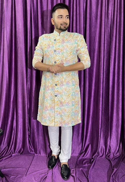 Digital Printed Cotton Kurta in Cream and Multicolor