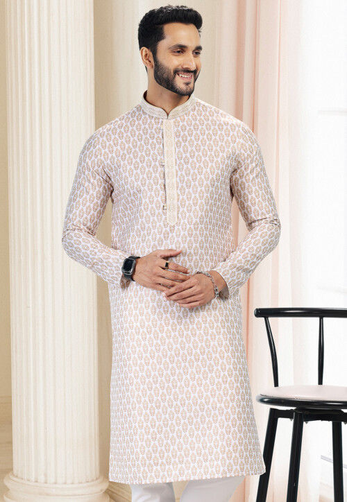 Digital Printed Cotton Kurta in Cream